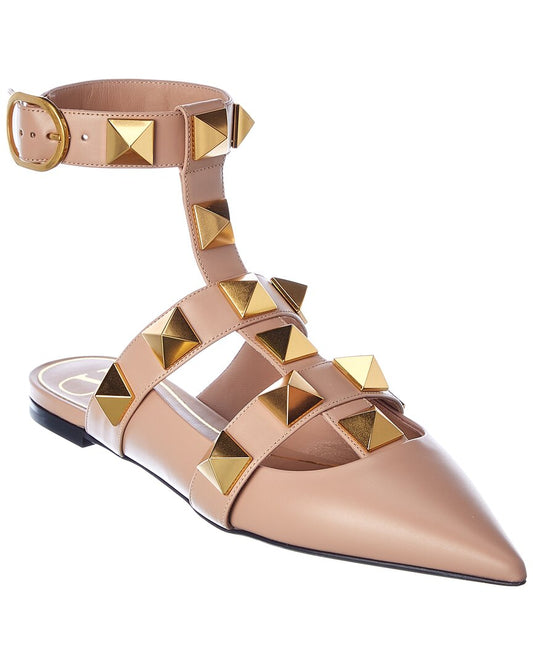 Valentino Roman Stud Leather Ankle Strap Flat Pink