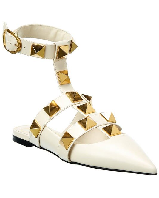 Valentino Roman Stud Leather Ankle Strap Flat White Multi
