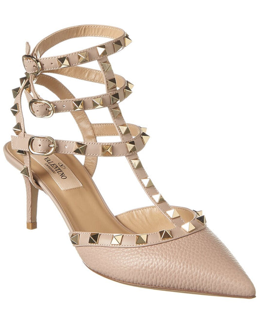 Valentino Rockstud Caged 65 Grainy Leather Ankle Strap Pump Pink