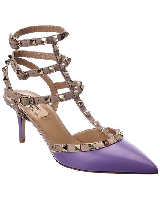 Valentino Rockstud Caged 65 Leather Ankle Strap Pump Purple