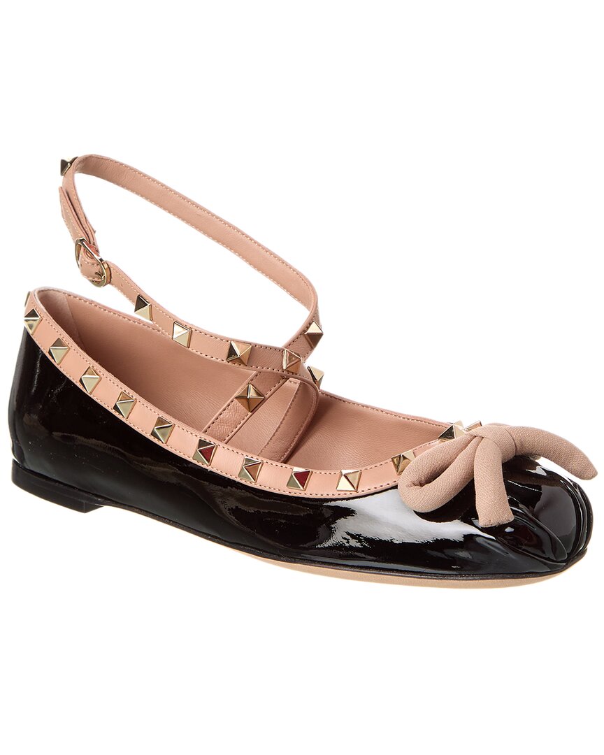 Valentino Rockstud Patent Ankle Strap Ballerina Flat Black