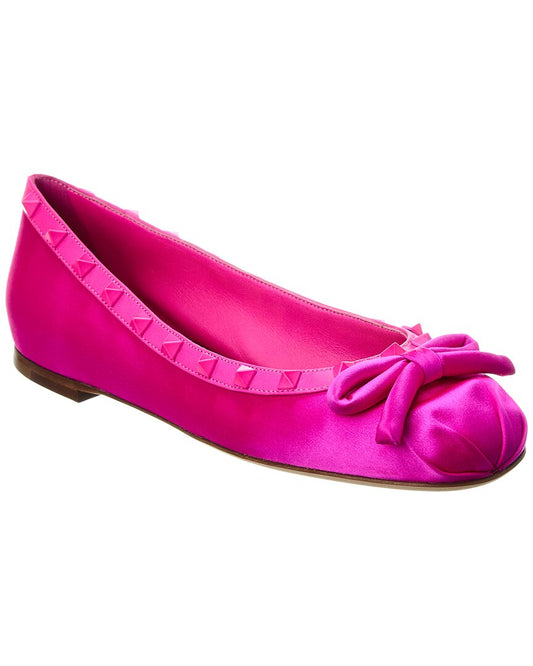 Valentino Rockstud Satin & Leather Ballerina Flat Pink
