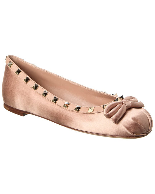 Valentino Rockstud Satin & Leather Ballerina Flat Gold