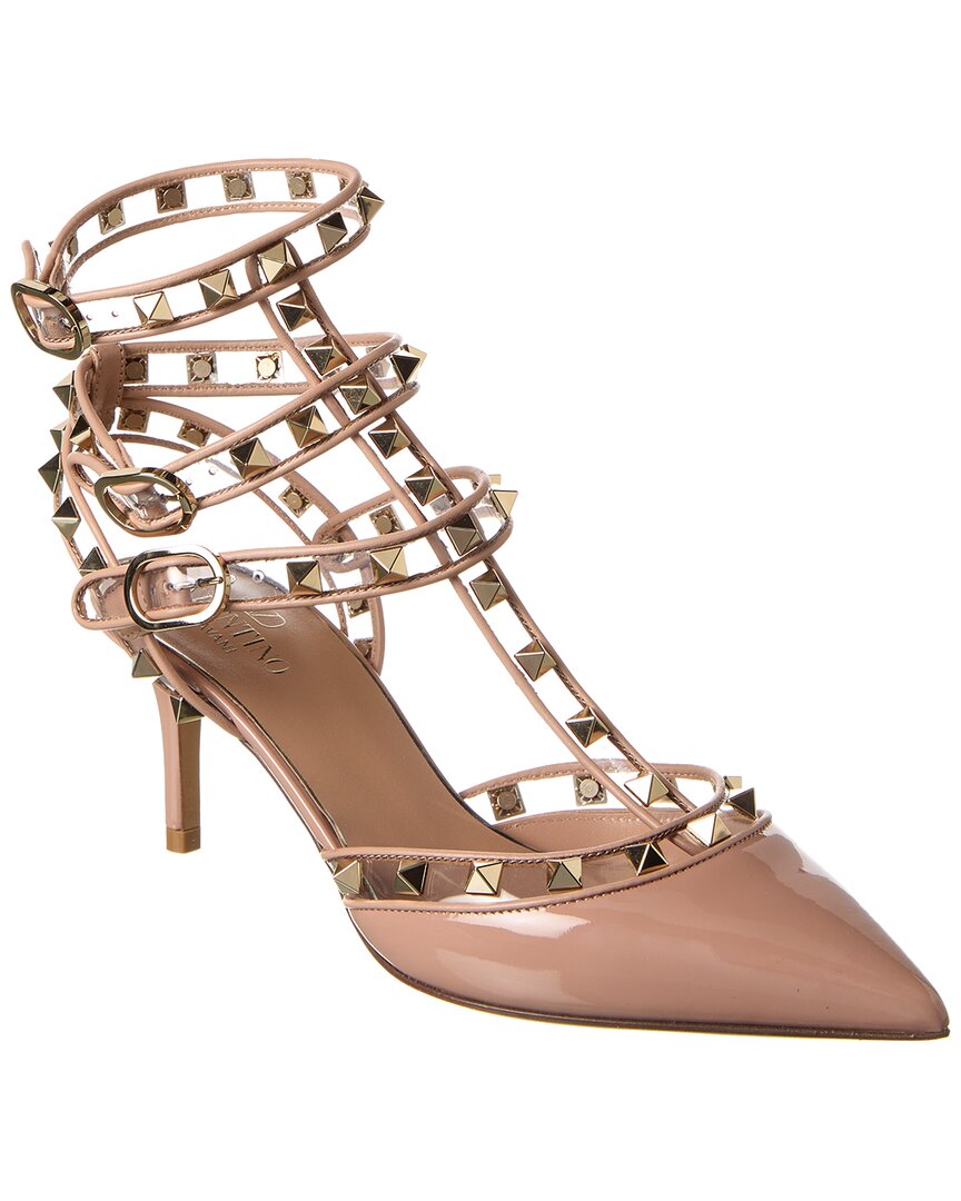 Valentino Rockstud Caged 65 Patent & Vinyl Ankle Strap Pump Pink