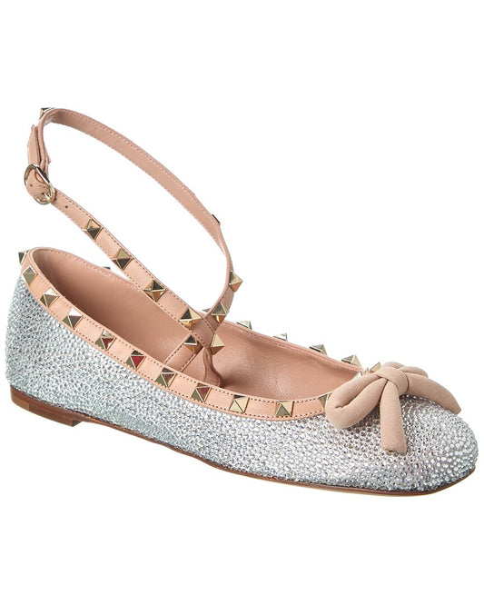 Valentino Rockstud Satin & Leather Flat Silver