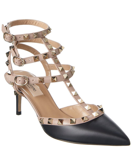 Valentino Rockstud Caged 65 Leather Ankle Strap Pump Black