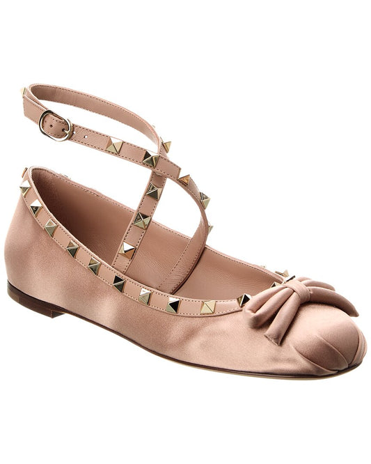 Valentino Rockstud Satin & Leather Flat Pink