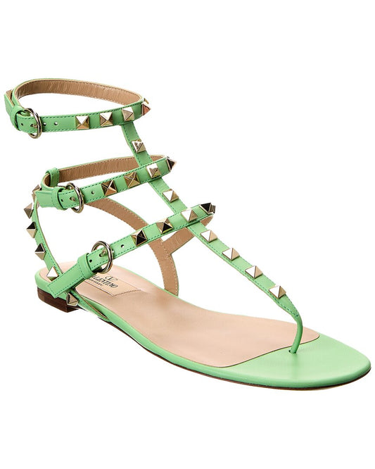 Valentino Rockstud Caged Leather Ankle Strap Sandal Green