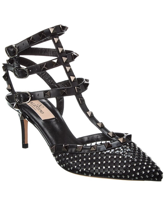 Valentino Rockstud Caged 65 Mesh & Leather Ankle Strap Pump Black