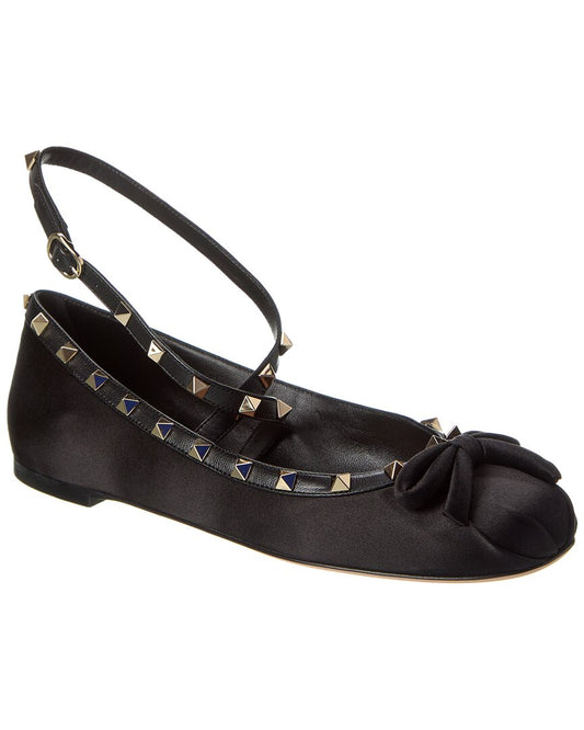 Valentino Rockstud Satin & Leather Flat Black