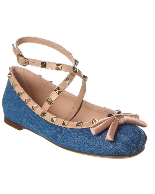 Valentino Rockstud Denim & Leather Ballerina Flat Blue