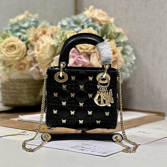 DIOR MINI LADY 17 BUTTERFLY STUD BLACK LAMBSKIN