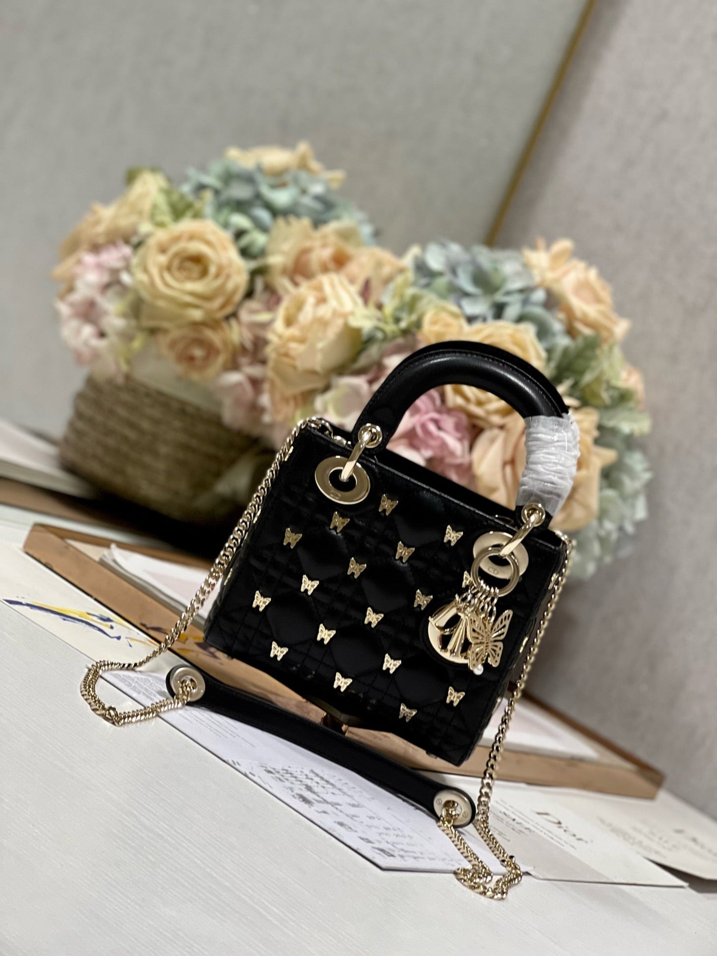 DIOR MINI LADY 17 BUTTERFLY STUD BLACK LAMBSKIN