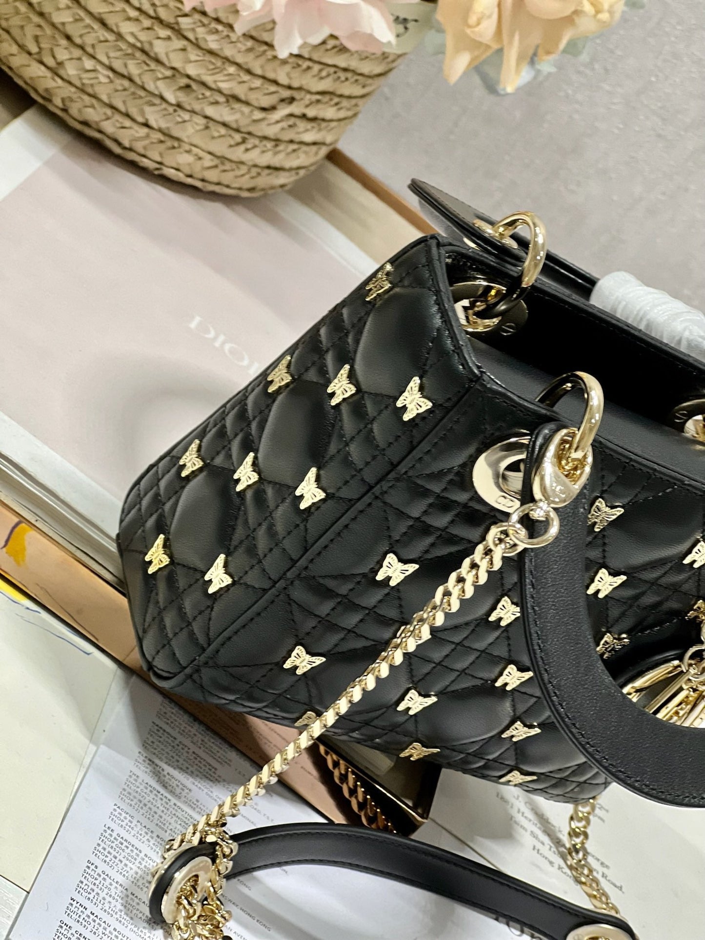 DIOR MINI LADY 17 BUTTERFLY STUD BLACK LAMBSKIN