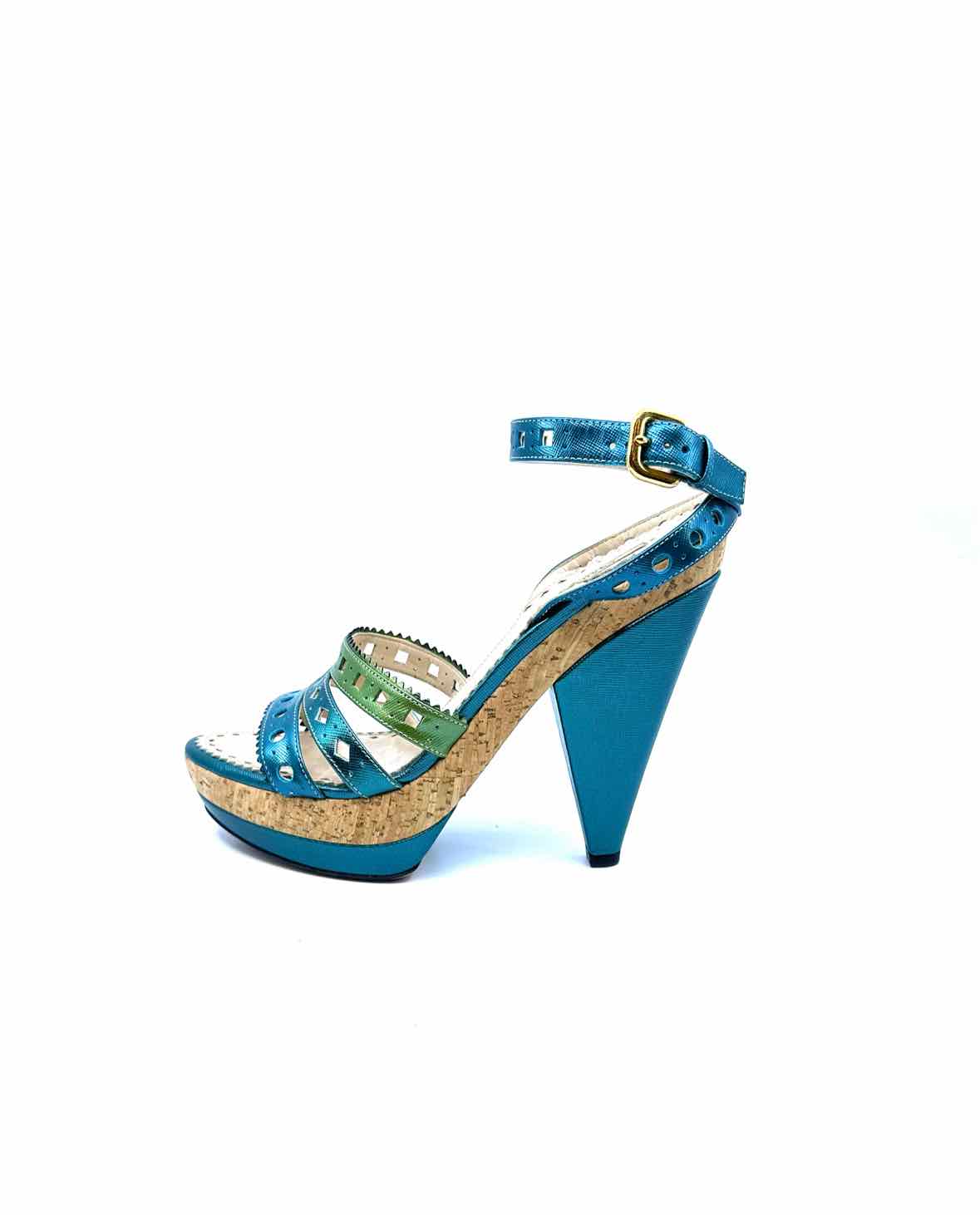 PRADA Size 10 Blue, Green Leather Metallic Eyelet Sandals