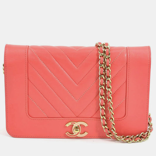 Chanel  Coral Leather Mademoiselle Vintage Wallet On Chain