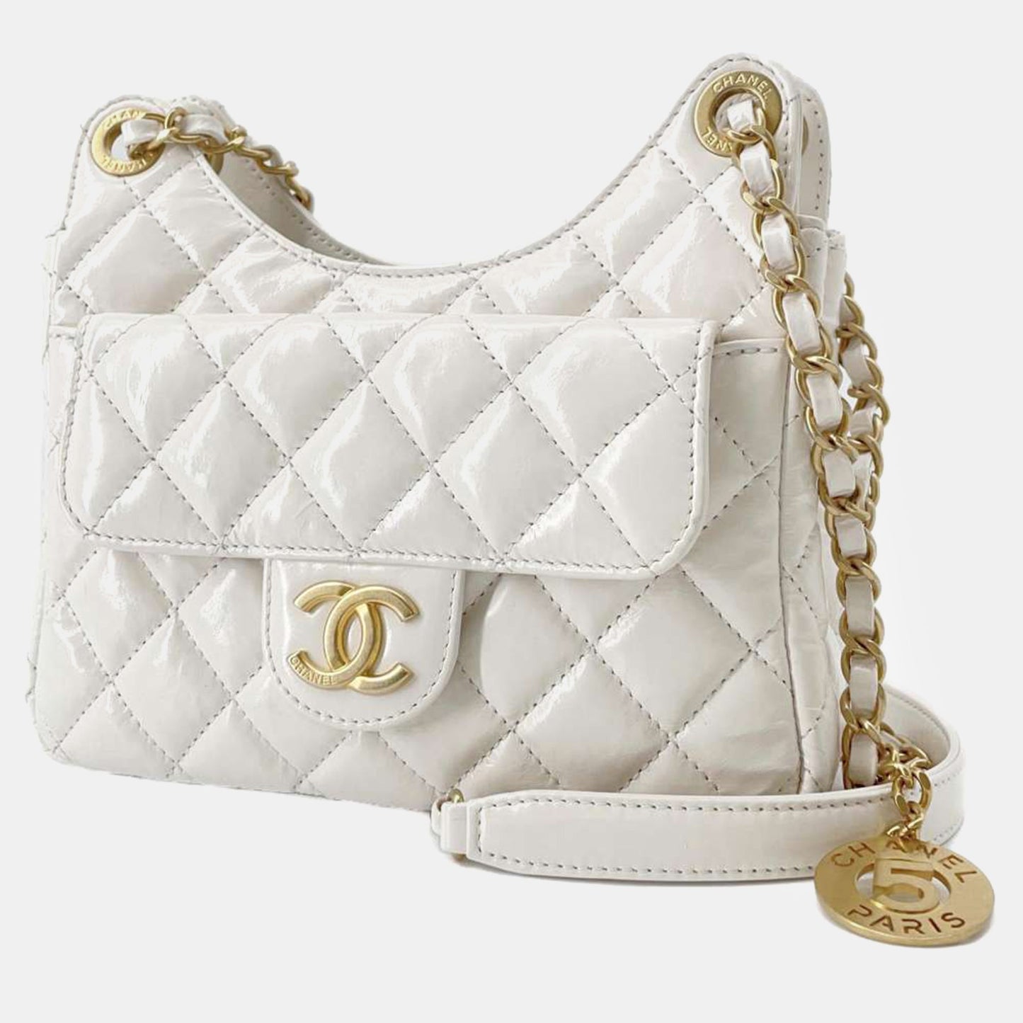 Chanel  White Patent Leather Small Shiny Calfskin Wavy CC Hobo