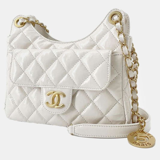 Chanel  White Patent Leather Small Shiny Calfskin Wavy CC Hobo