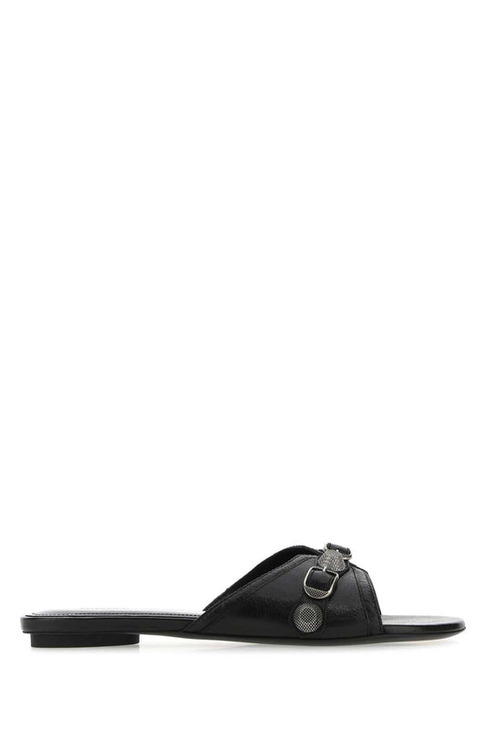 Balenciaga Women Black Leather Cagole Slippers