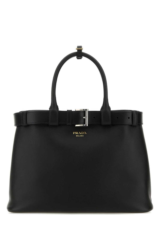Prada Women Black Leather Prada Buckle Large Handbag