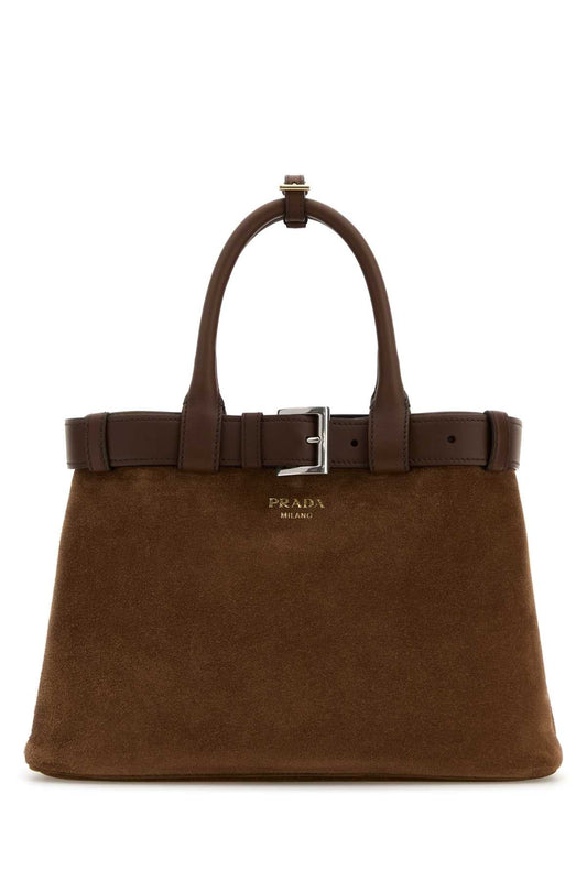 Prada Women Brown Suede Prada Buckle Medium Handbag