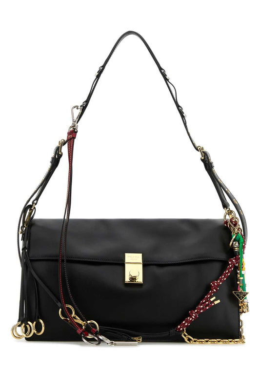 Prada Women Black Leather Large Prada Soft Sound Shoulder Bag