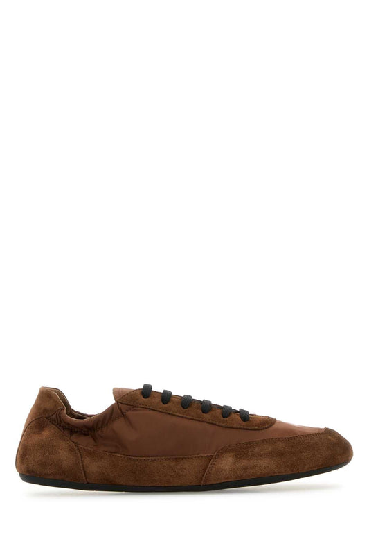 Prada Women Brown Re-Nylon And Suede Collapse Sneakers