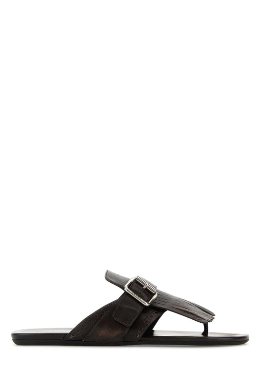 Prada Women Dark Brown Leather Shuffle Thong Slippers