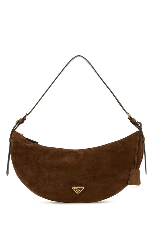 Prada Women Brown Suede Large Prada Demi-Lune Crossbody Bag
