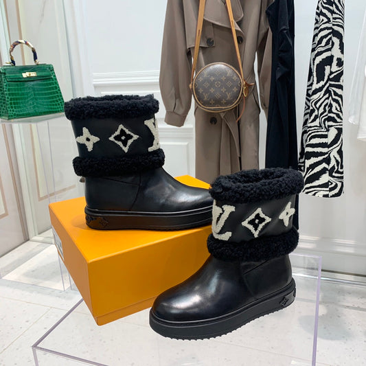 Louis Vuitton Snowdrop Flat Ankle Boot Black Monogram White Cowhide