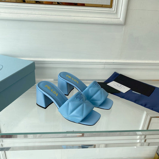 PRADA Heeled Sandal 65 Square Sole Quilted Sky Blue Leather