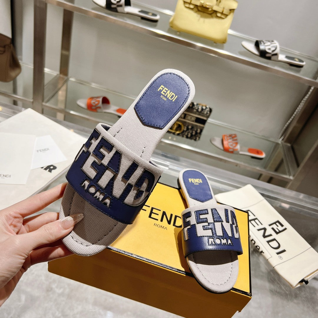 FENDI FF Women Roma Signature Blue Grey Canvas Leather Slide
