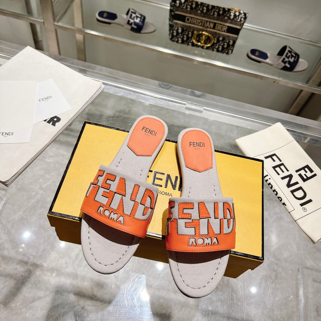 FENDI FF Women Roma Signature Orange Grey Canvas Leather Slide