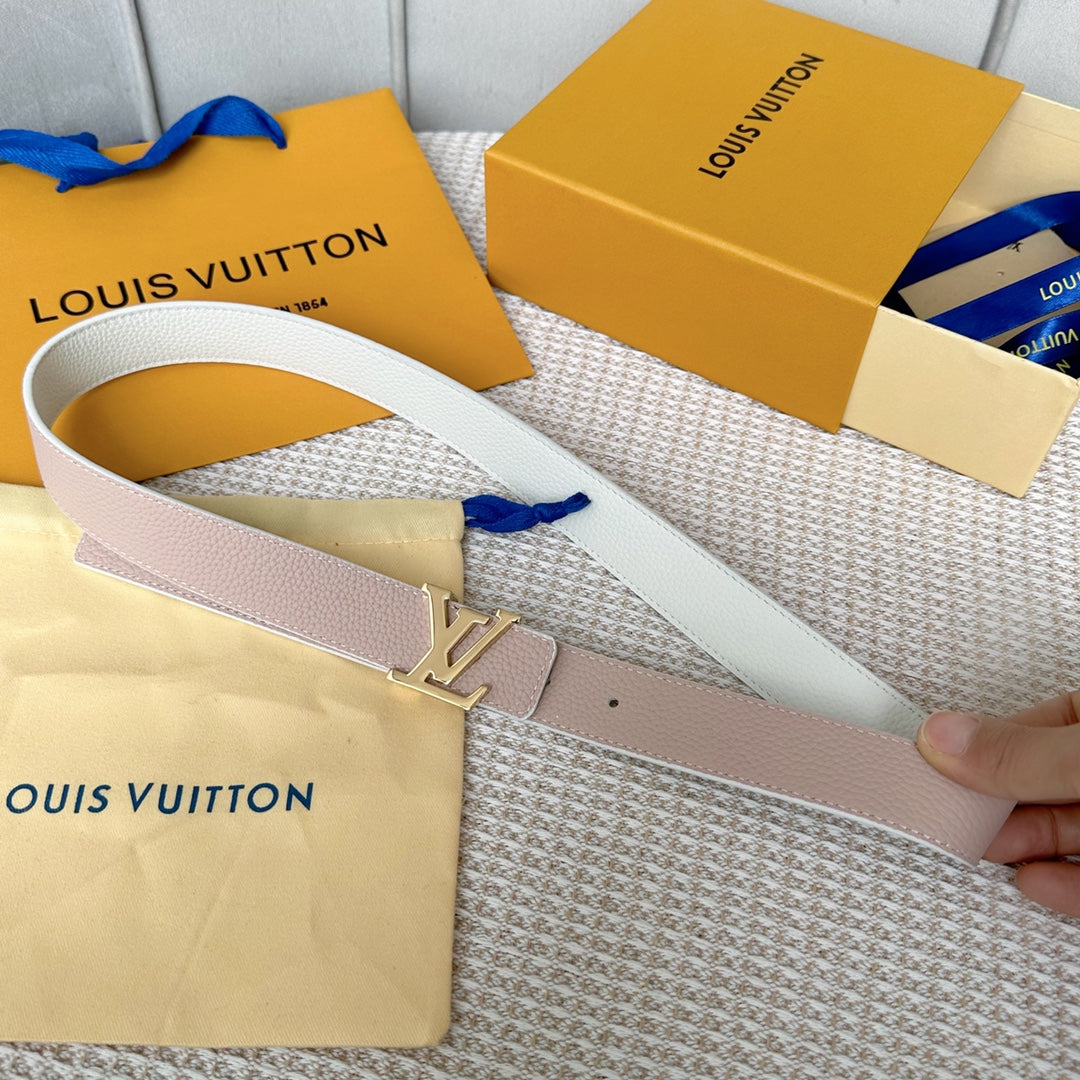 Louis Vuitton Initiales 30mm Reversible Belt Gold Buckle Pink White Leather