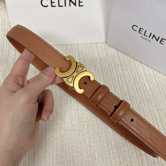 Celine Medium Triomphe Belt 25mm Tan Calfskin White Line Finishing Gold Finishing