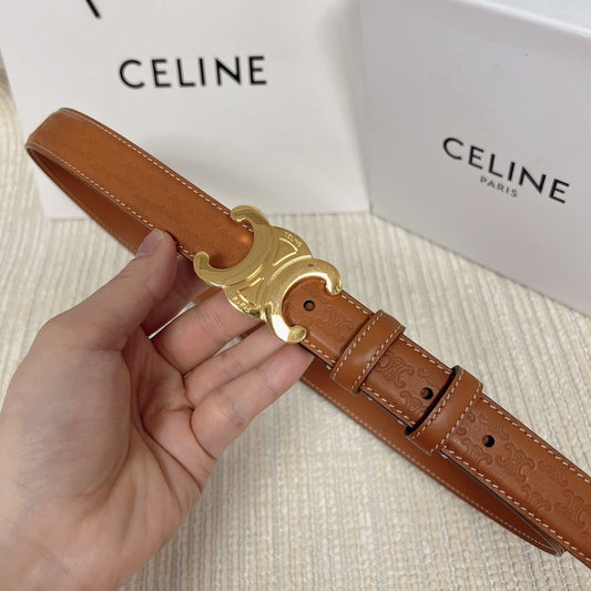 Celine Medium Triomphe Belt 25mm Tan Calfskin with Triomphe Embossed Ghw