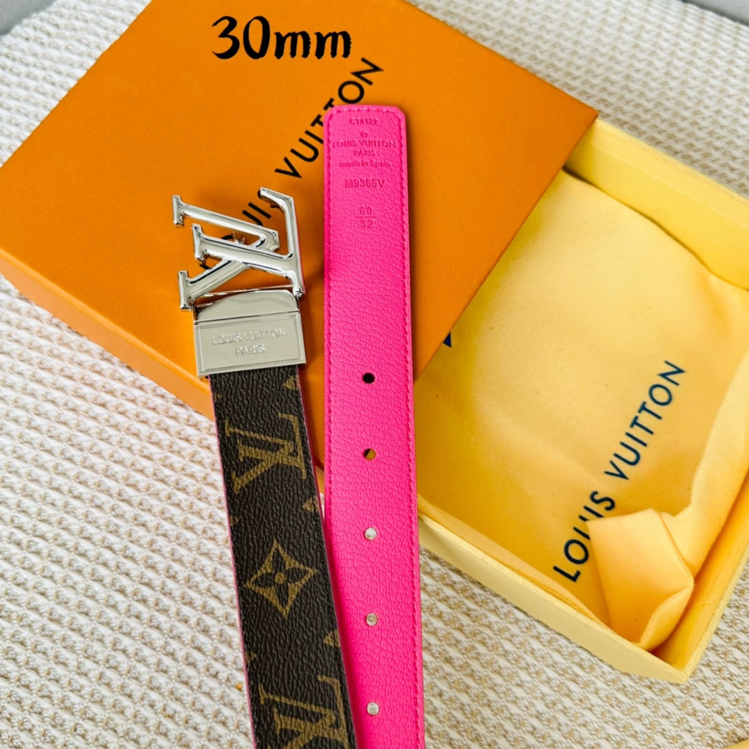 Louis Vuitton Initiales 30mm Reversible Belt Silver Rotating Buckle Hot Pink Brown Leather