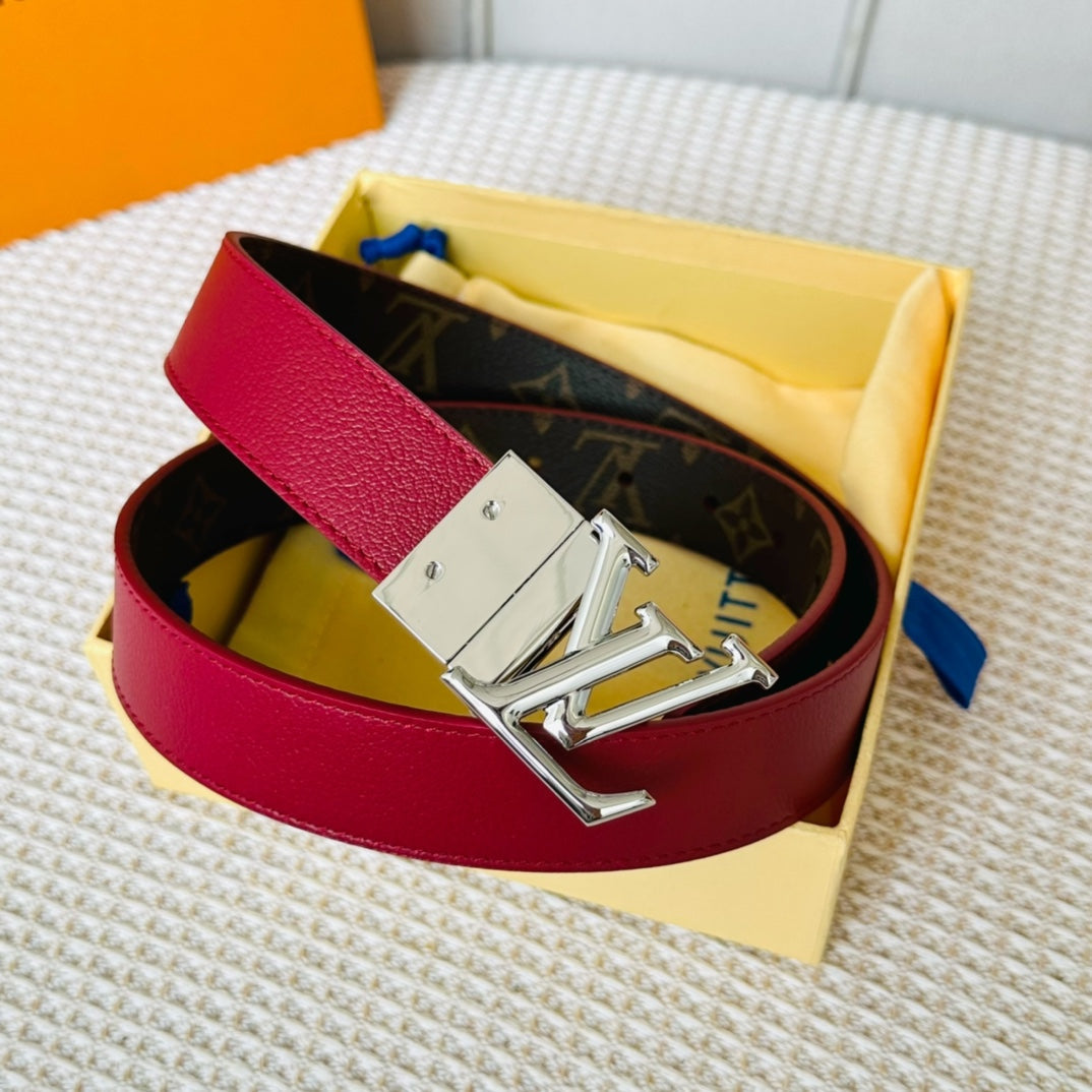 Louis Vuitton Initiales 30mm Reversible Belt Silver Rotating Buckle Burgundy Brown Leather