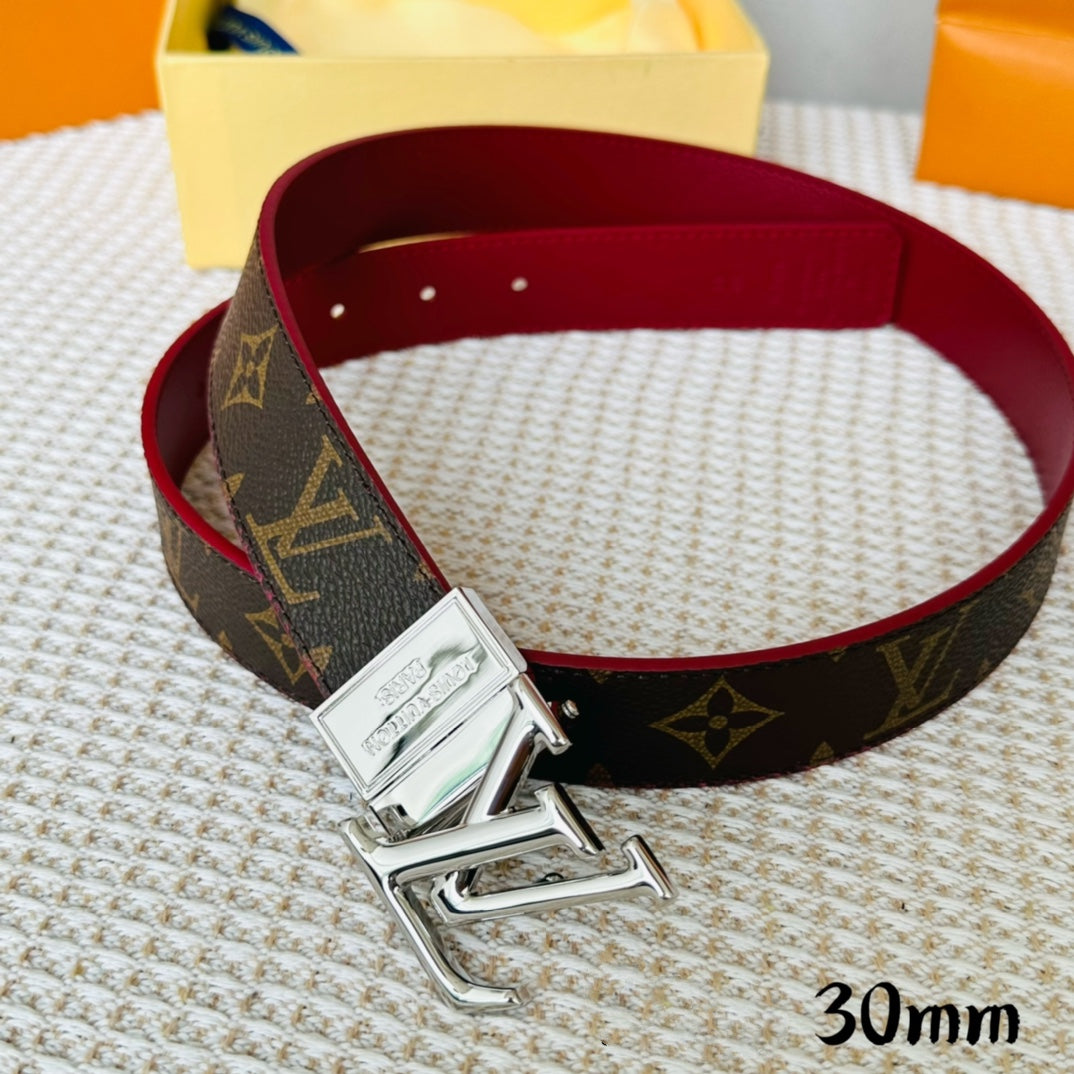 Louis Vuitton Initiales 30mm Reversible Belt Silver Rotating Buckle Burgundy Brown Leather