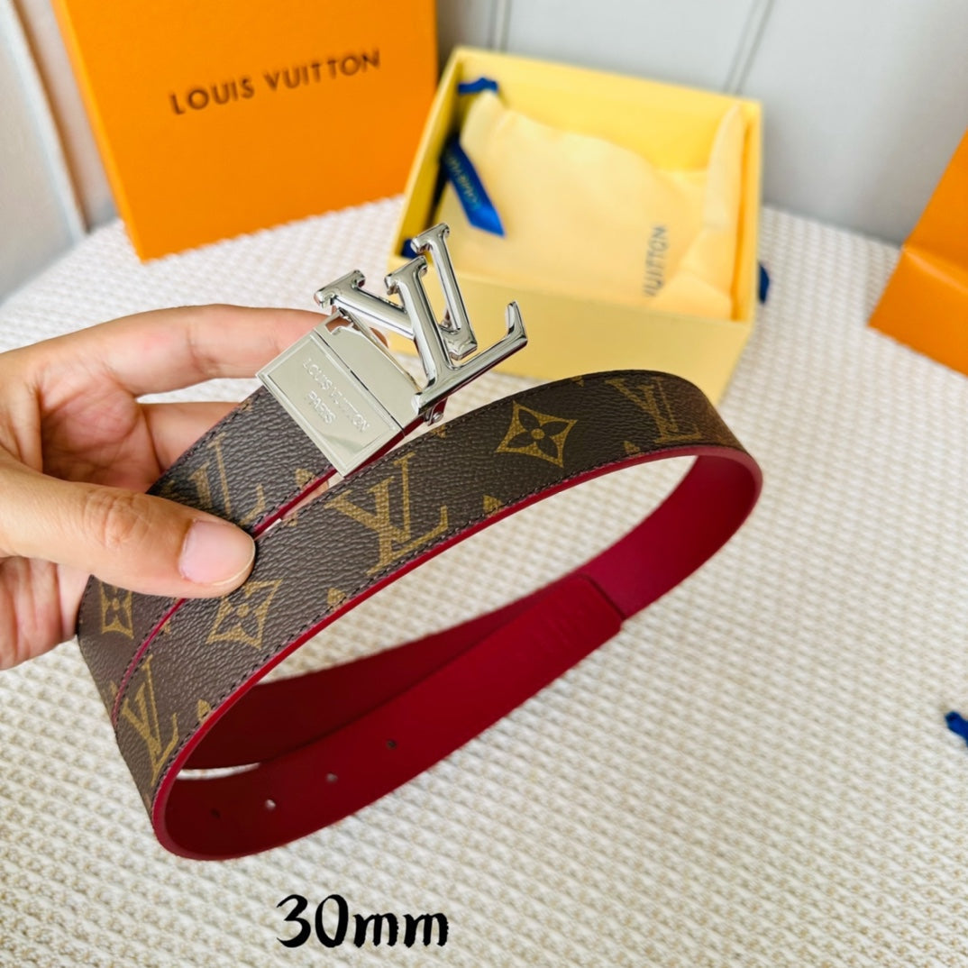 Louis Vuitton Initiales 30mm Reversible Belt Silver Rotating Buckle Burgundy Brown Leather