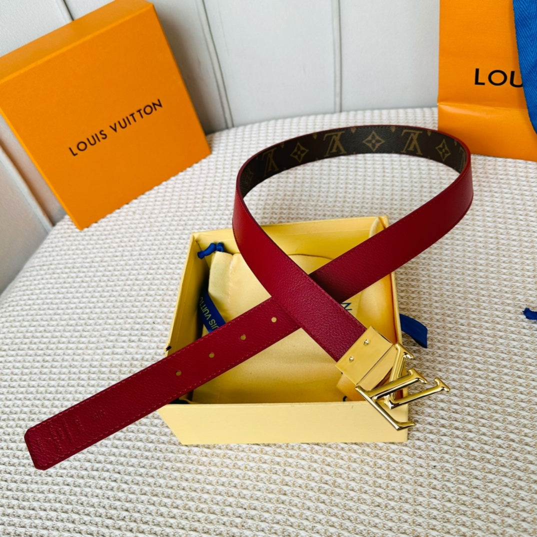Louis Vuitton Initiales 30mm Reversible Belt Gold Rotating Buckle Burgundy Brown Leather