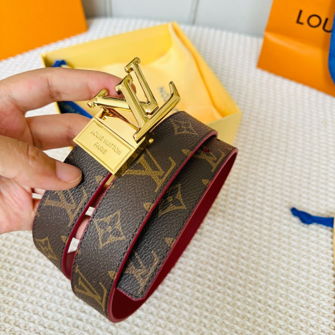Louis Vuitton Initiales 30mm Reversible Belt Gold Rotating Buckle Burgundy Brown Leather