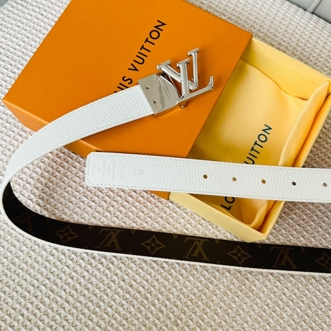 Louis Vuitton Initiales 30mm Reversible Belt Silver Rotating Buckle White Brown Leather