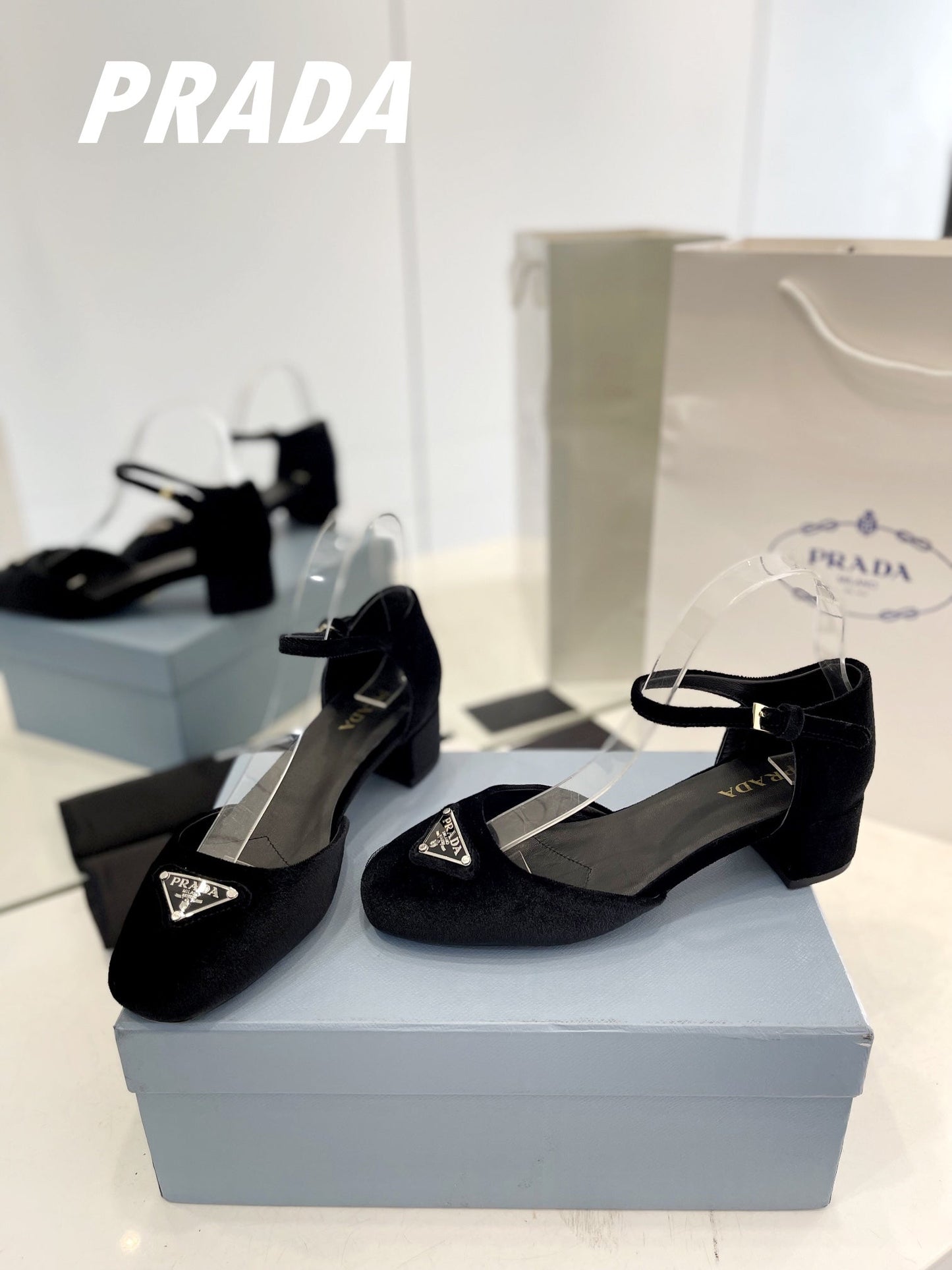 PRADA Slingback 40 Square Sole Black Velvet