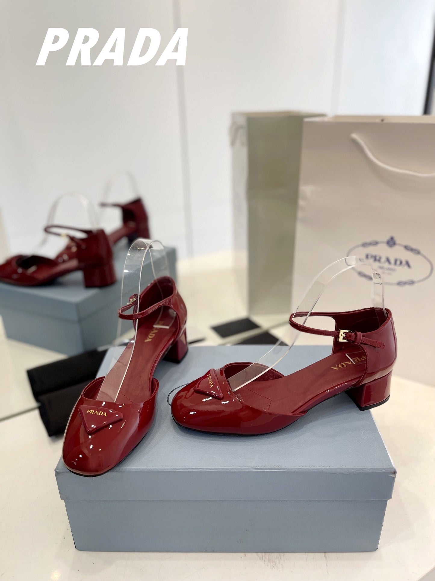 PRADA Slingback 40 Square Sole Wine Patent Leather