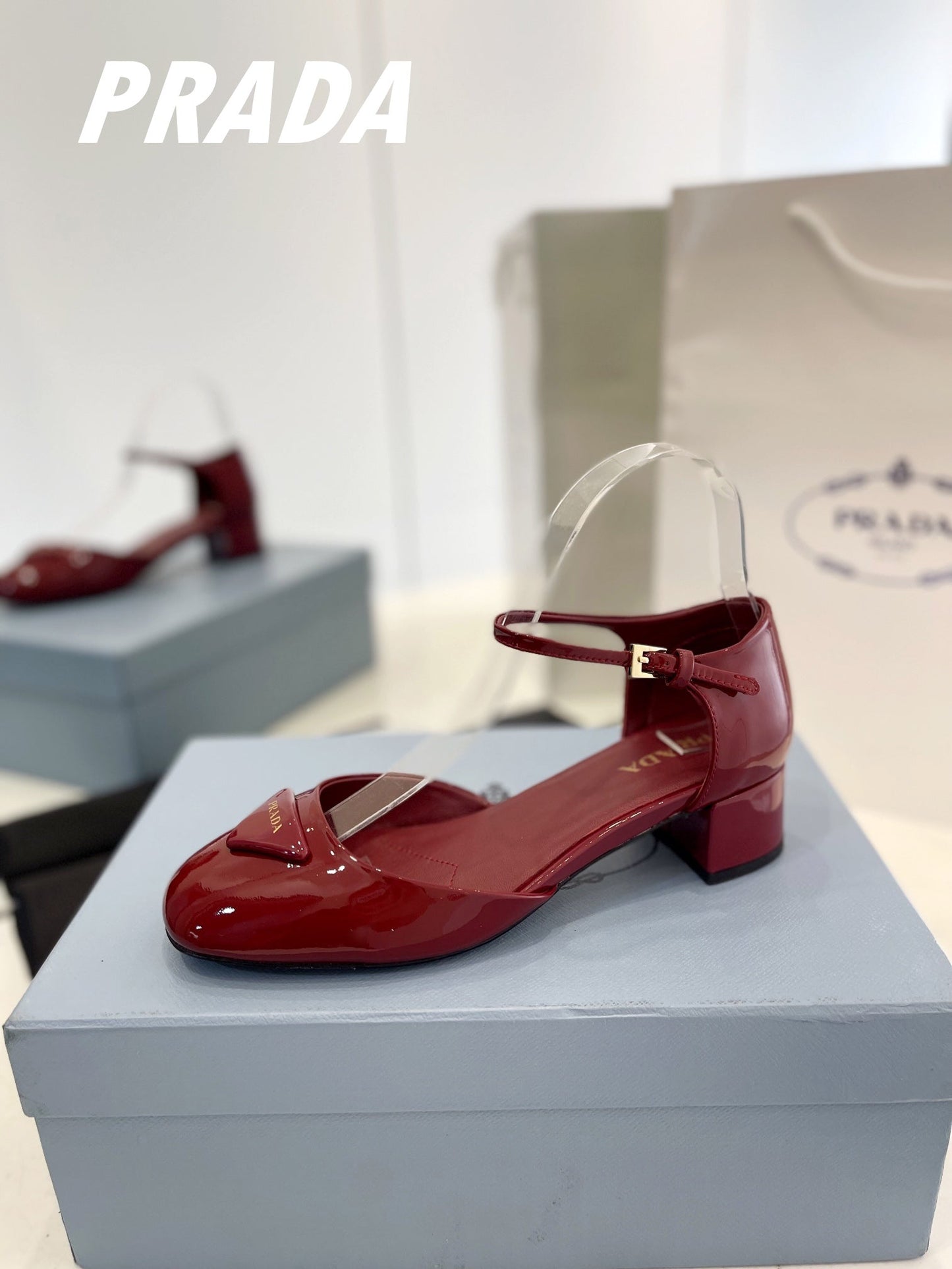 PRADA Slingback 40 Square Sole Wine Patent Leather