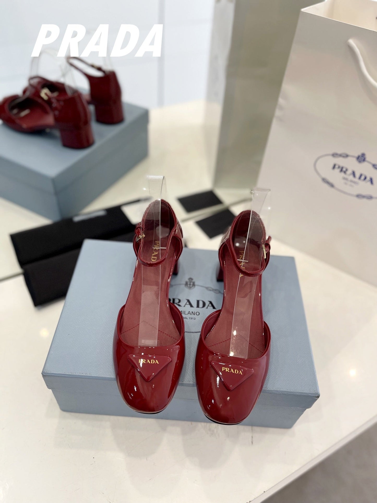 PRADA Slingback 40 Square Sole Wine Patent Leather