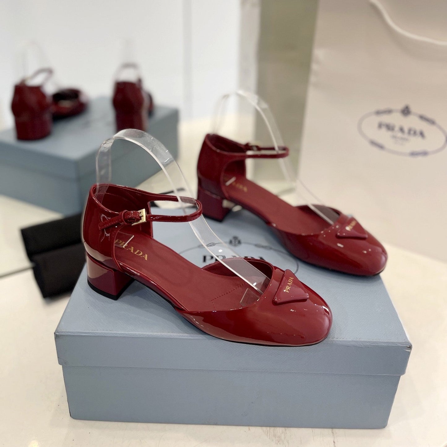 PRADA Slingback 40 Square Sole Wine Patent Leather