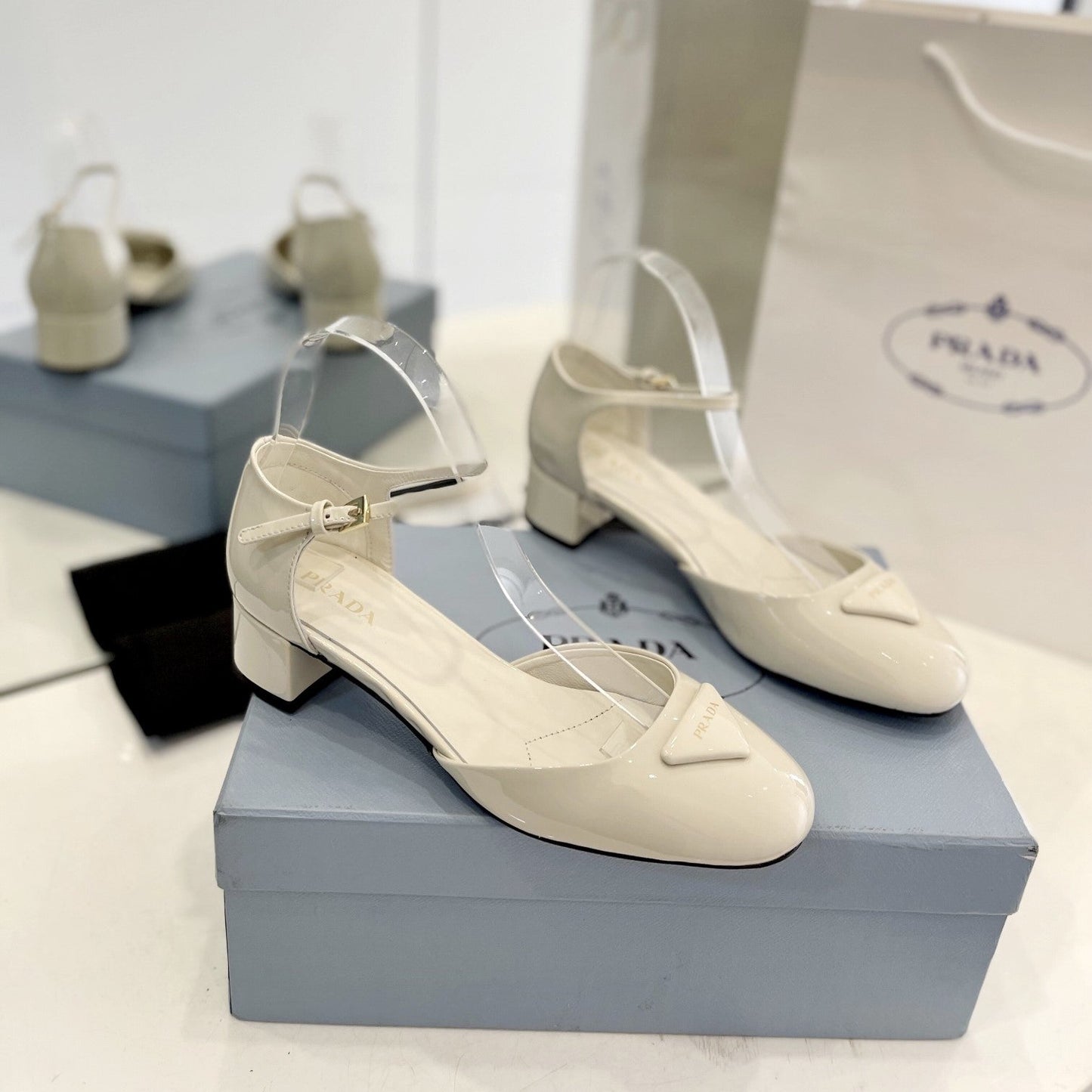 PRADA Slingback 40 Square Sole White Patent Leather