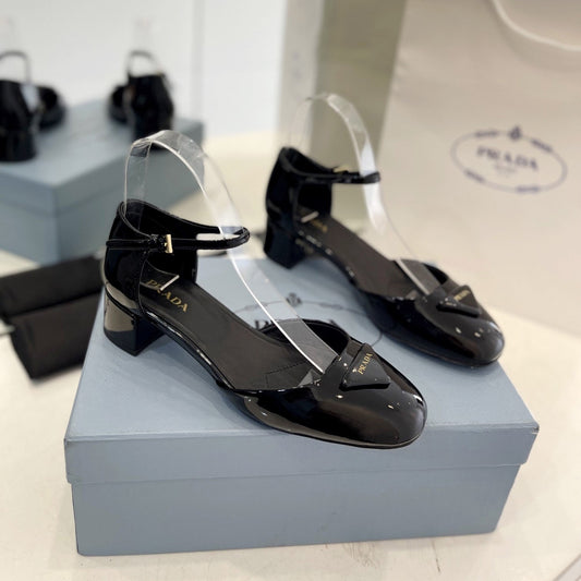PRADA Slingback 40 Square Sole Black Patent Leather